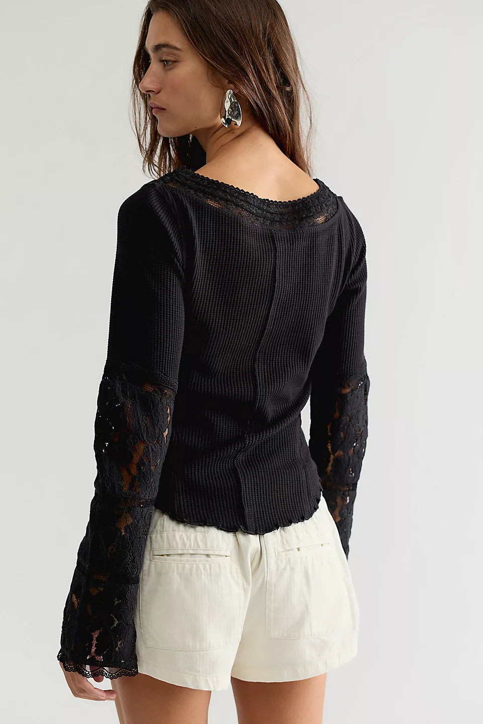 Free People Amber Lace Cuff Long Sleeve Top Black