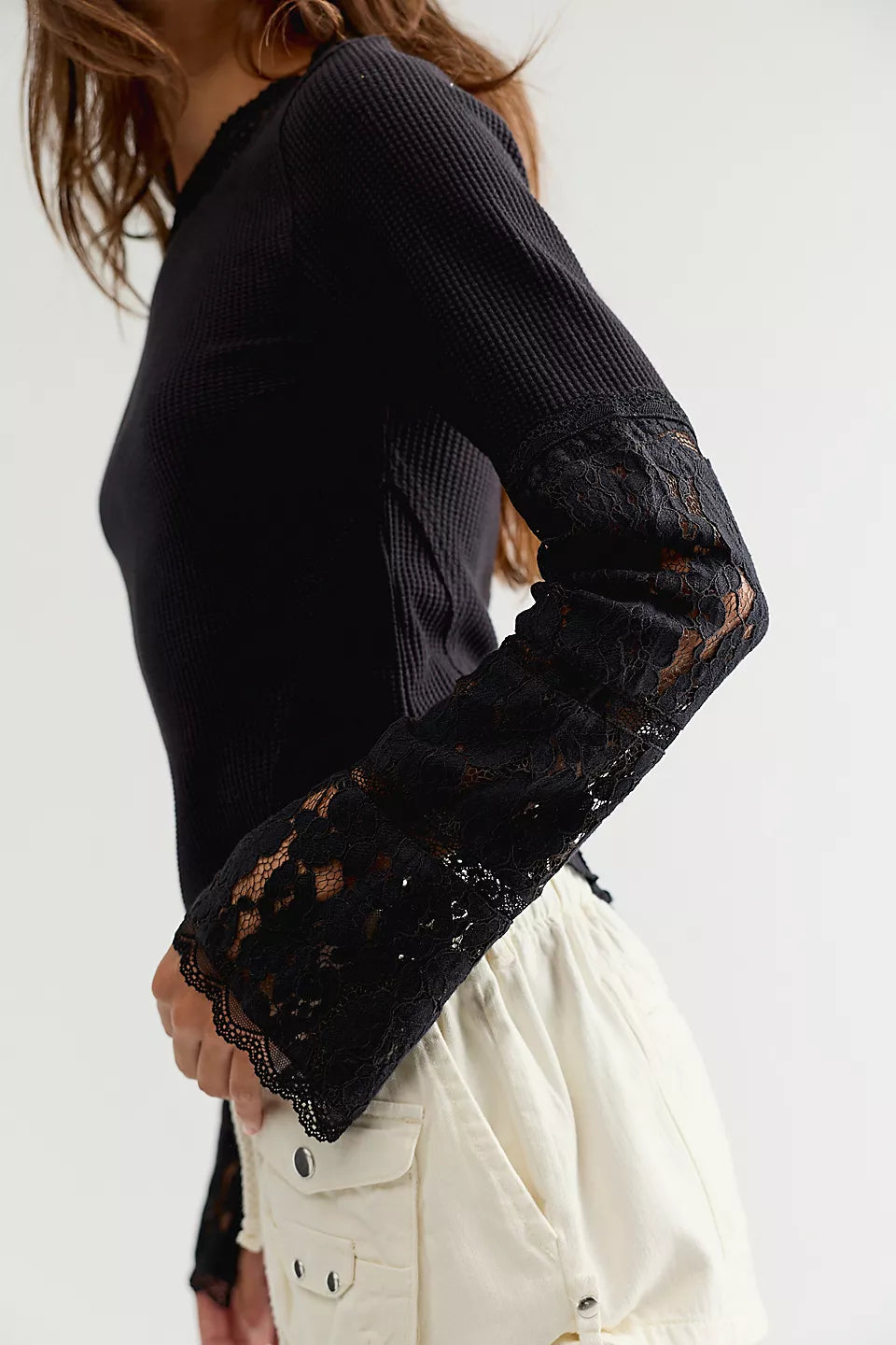 Free People Amber Lace Cuff Long Sleeve Top Black