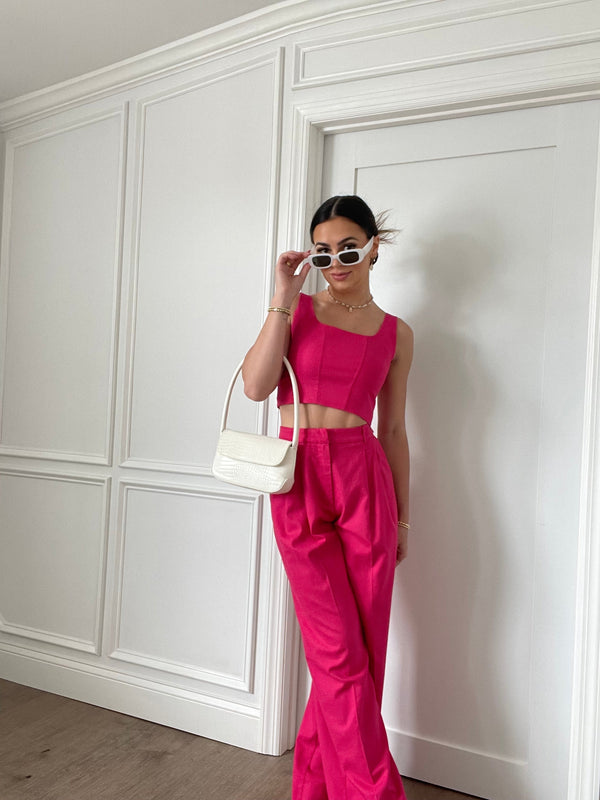 Tia Linen Pleated Wide Leg Pants | Fuschia