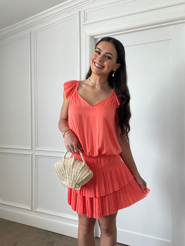 Sweetheart Smocked Pleated Mini Dress | Coral