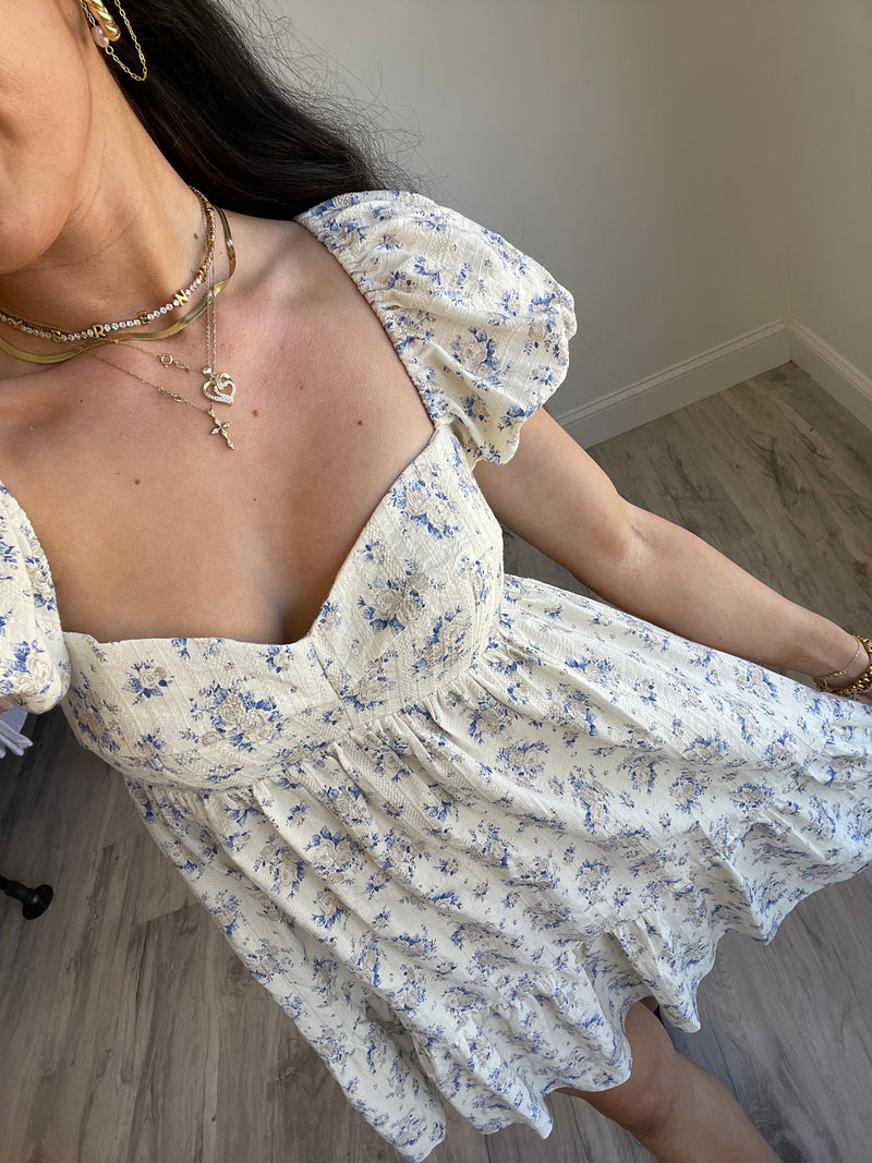 FINAL SALE Bardot Floral Babydoll Dress | Taupe Blue