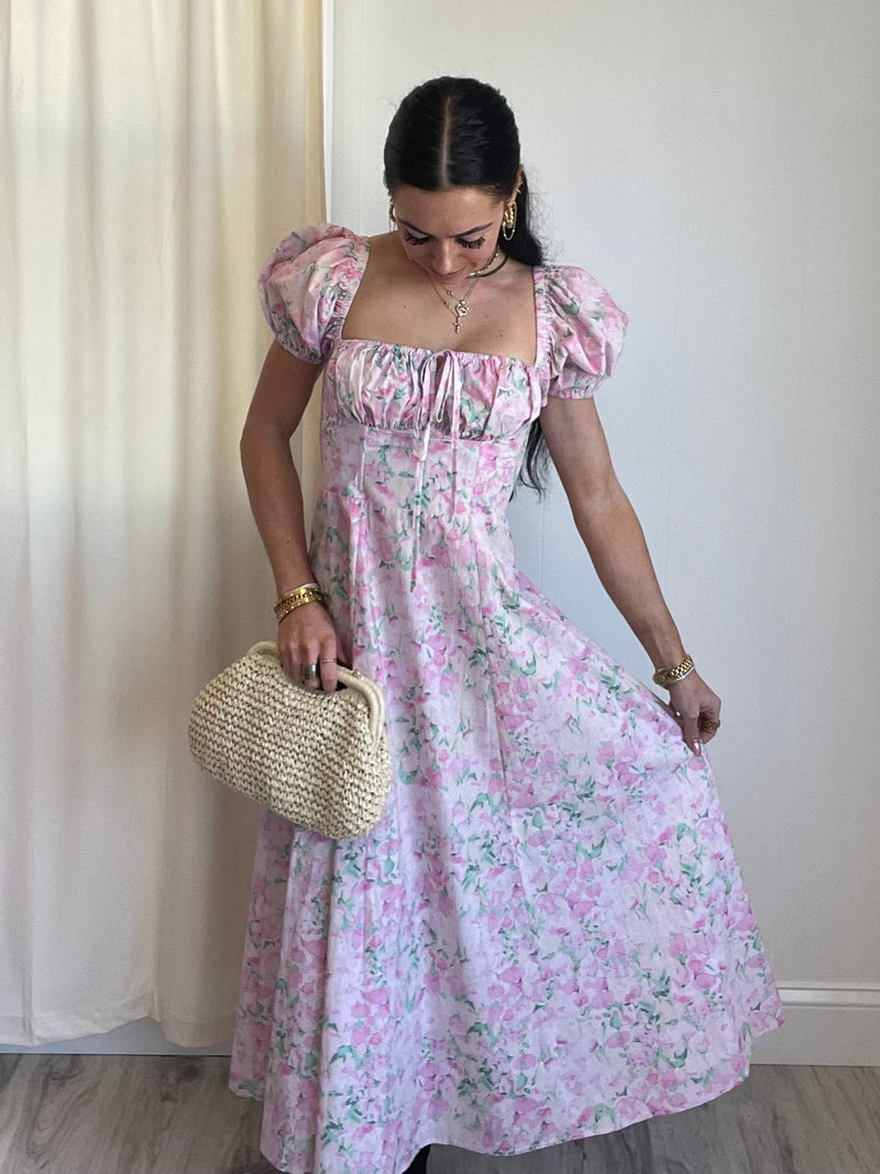 FINAL SALE Gigi Floral Puff Sleeve Midi Dress | Pink