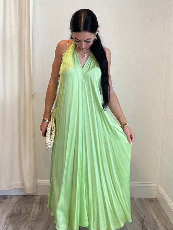 FINAL SALE Auria Satin Maxi Halter Dress | Pistachio