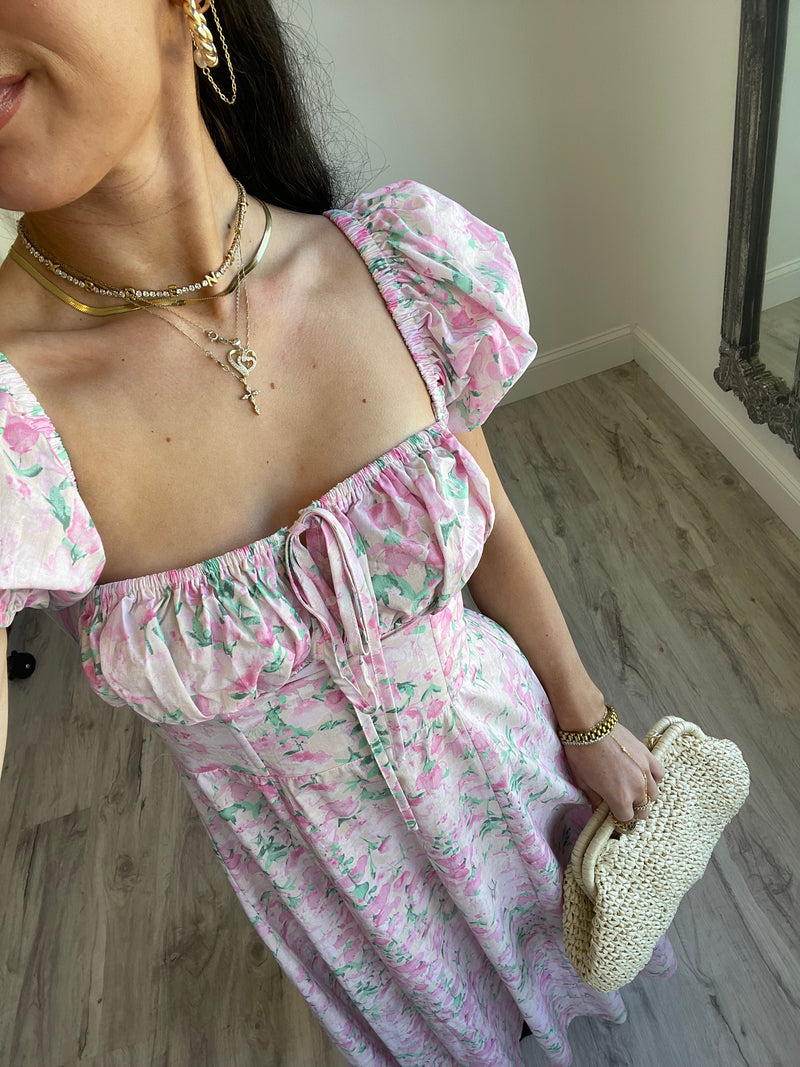 FINAL SALE Gigi Floral Puff Sleeve Midi Dress | Pink