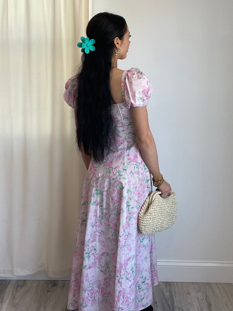 FINAL SALE Gigi Floral Puff Sleeve Midi Dress | Pink