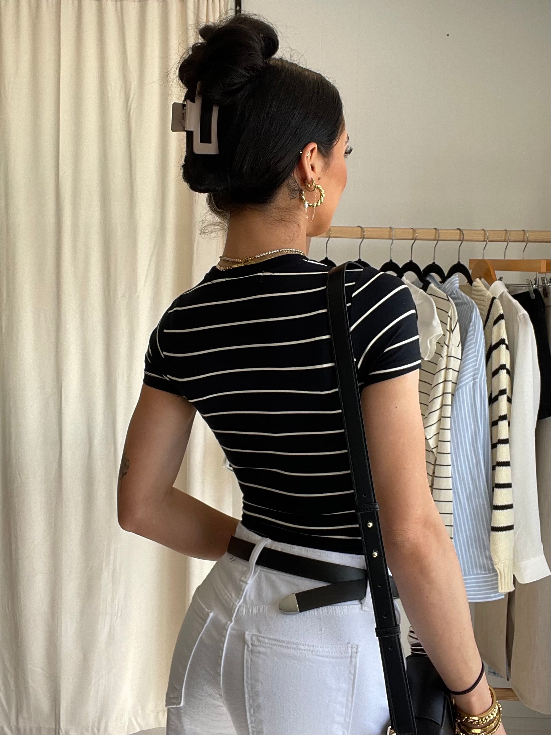 FINAL SALE WeWoreWhat | Striped Fitted Crew Neck Top | Black & Antique White