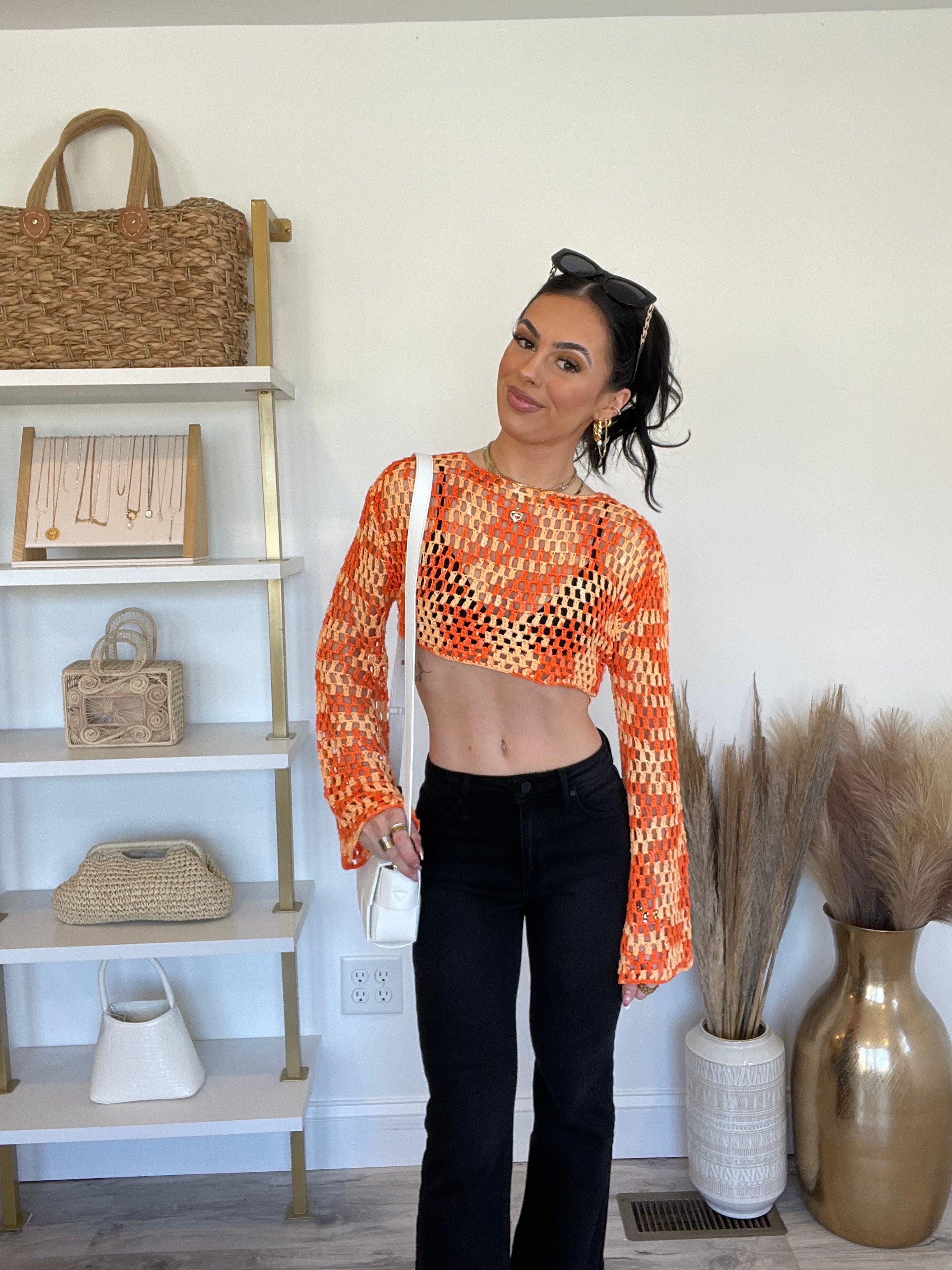 FINAL SALE Akari Crochet Bell Sleeve Cropped Sweater