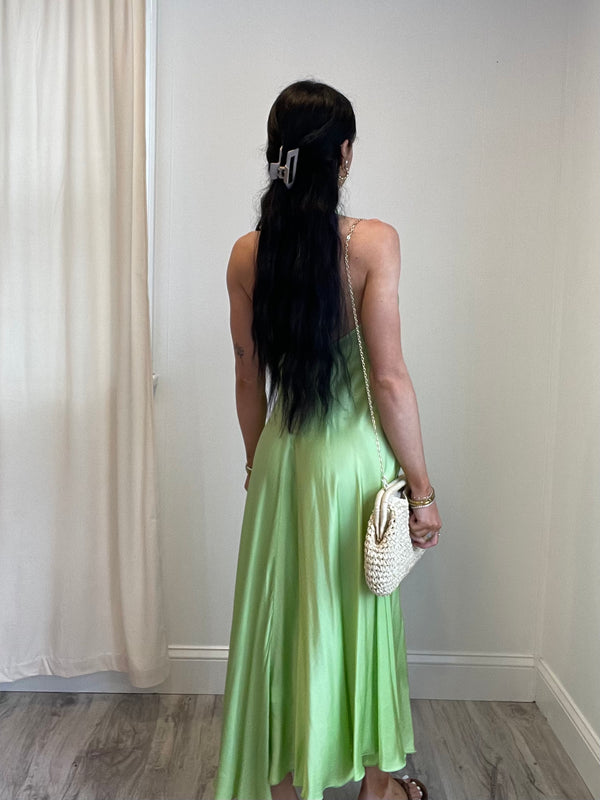 FINAL SALE Auria Satin Maxi Halter Dress | Pistachio