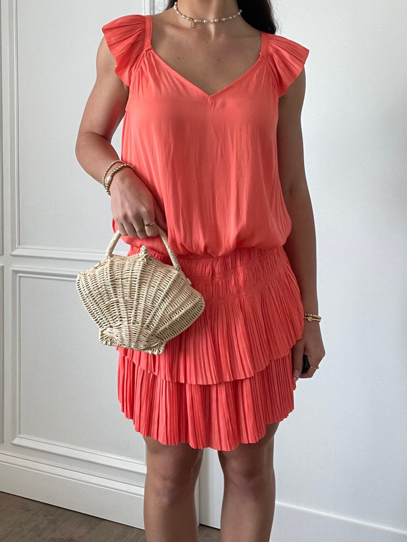 Sweetheart Smocked Pleated Mini Dress | Coral