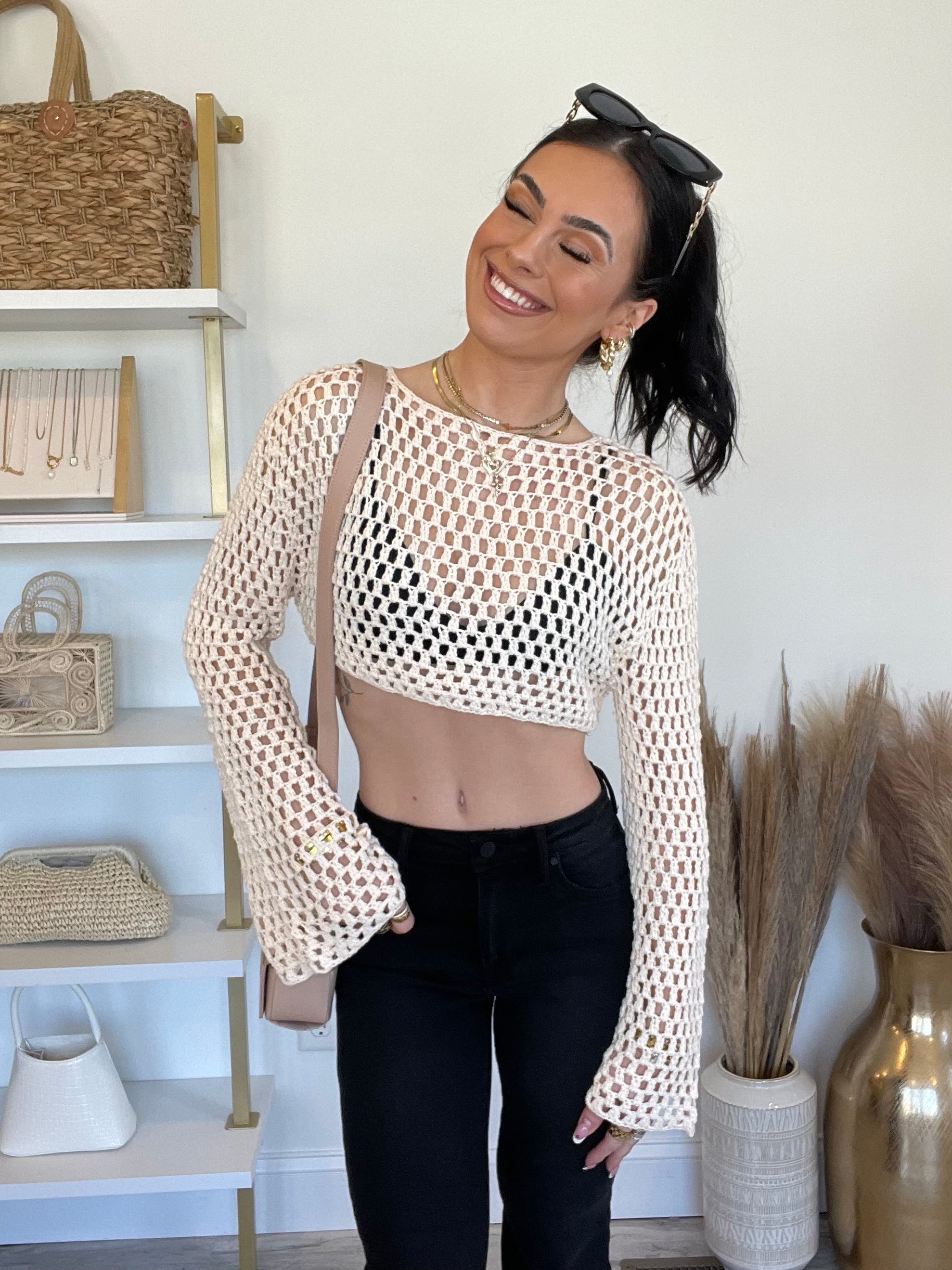 FINAL SALE Akari Crochet Bell Sleeve Cropped Sweater