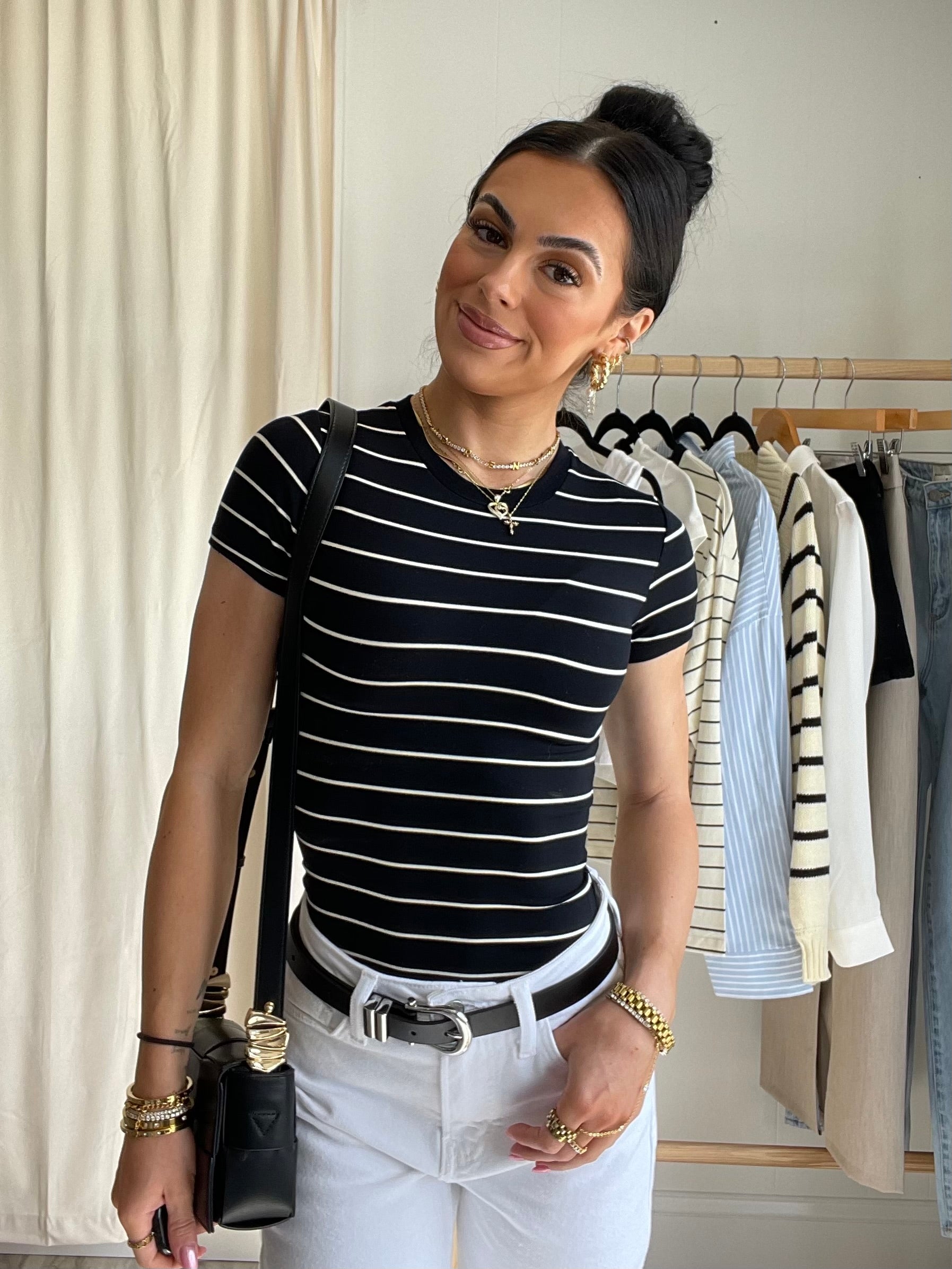 FINAL SALE WeWoreWhat | Striped Fitted Crew Neck Top | Black & Antique White