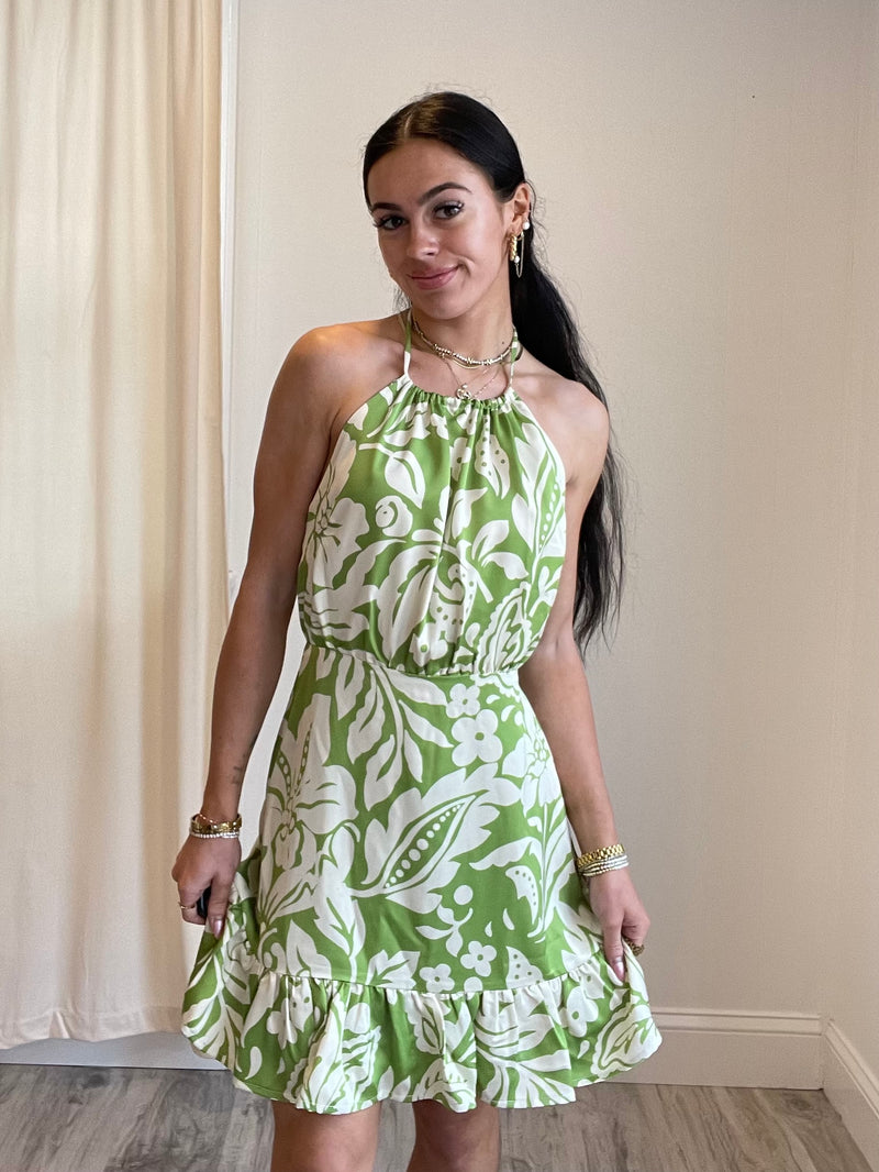 FINAL SALE Avocado Floral Halter Mini Dress