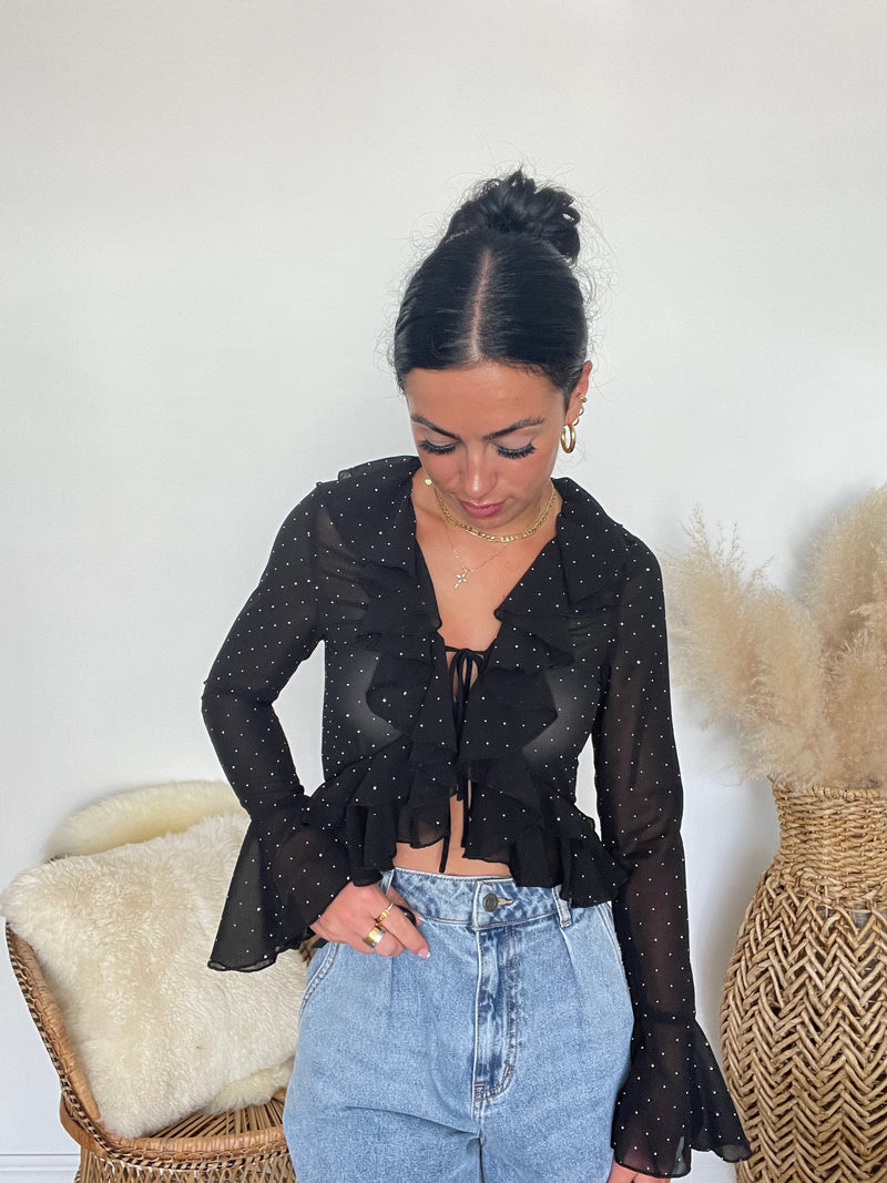 FINAL SALE Line & Dot | Laney Ruffle Rhinestone Blouse | Black