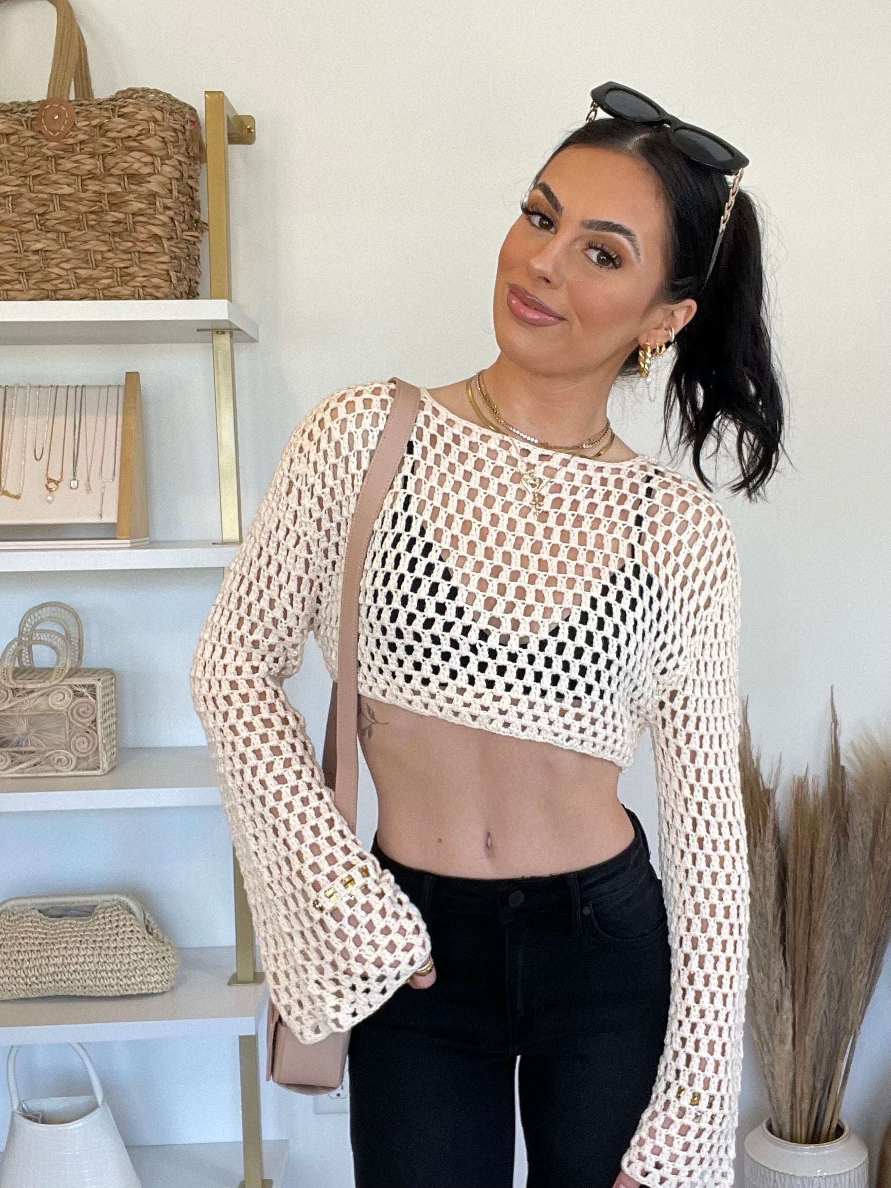 FINAL SALE Akari Crochet Bell Sleeve Cropped Sweater