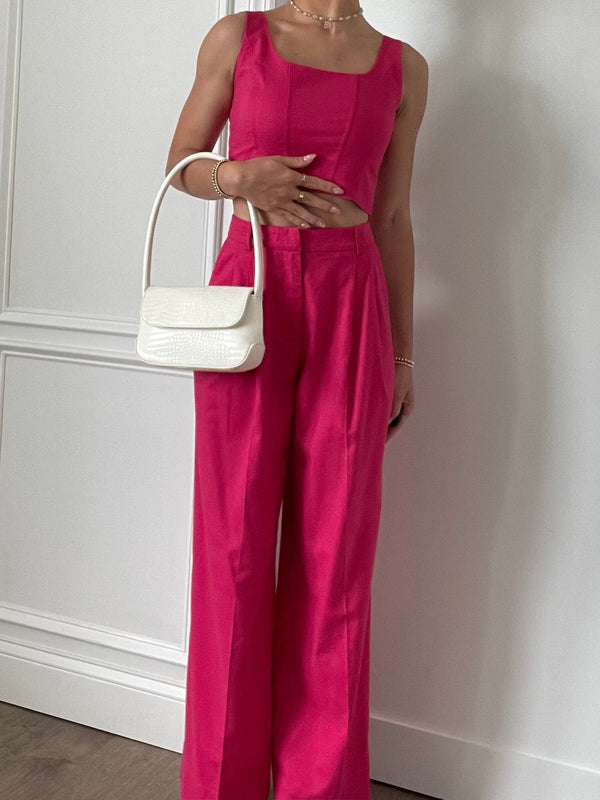 Tia Linen Pleated Wide Leg Pants | Fuschia