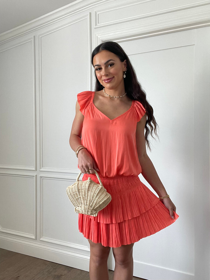 Sweetheart Smocked Pleated Mini Dress | Coral