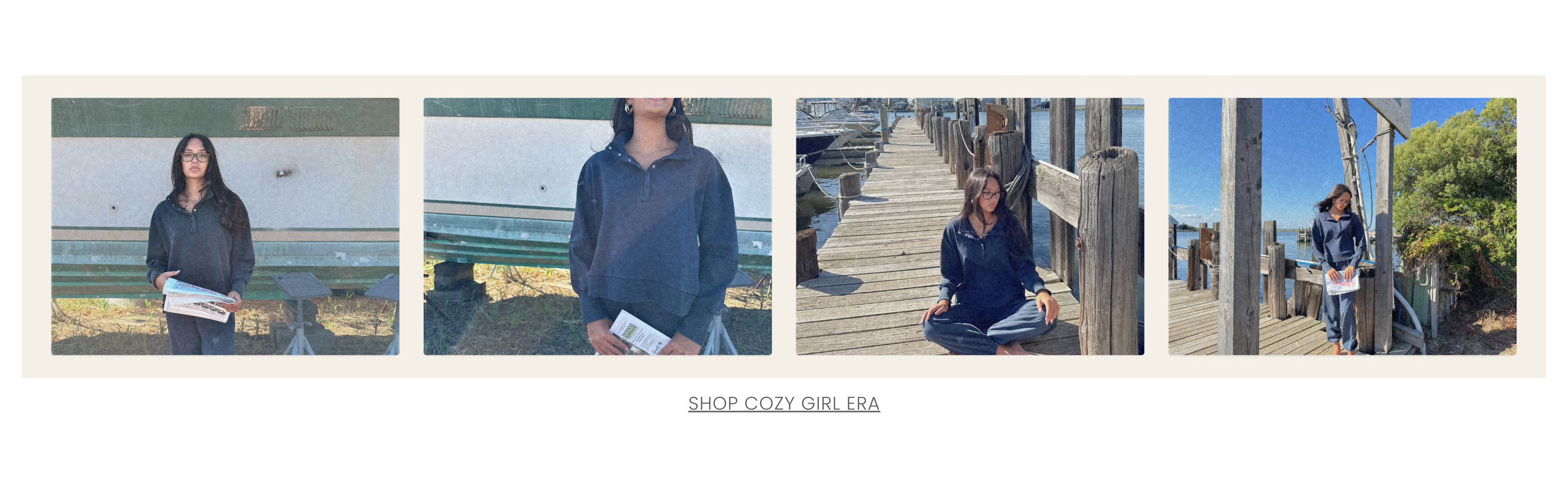 strip of images of a girl in a blue tracksuit on a boat dock with a newspaper in hand