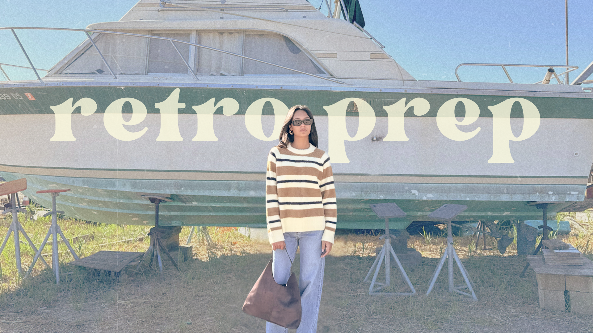 girl wearing stripped sweater with a boat in the background with retro prep text