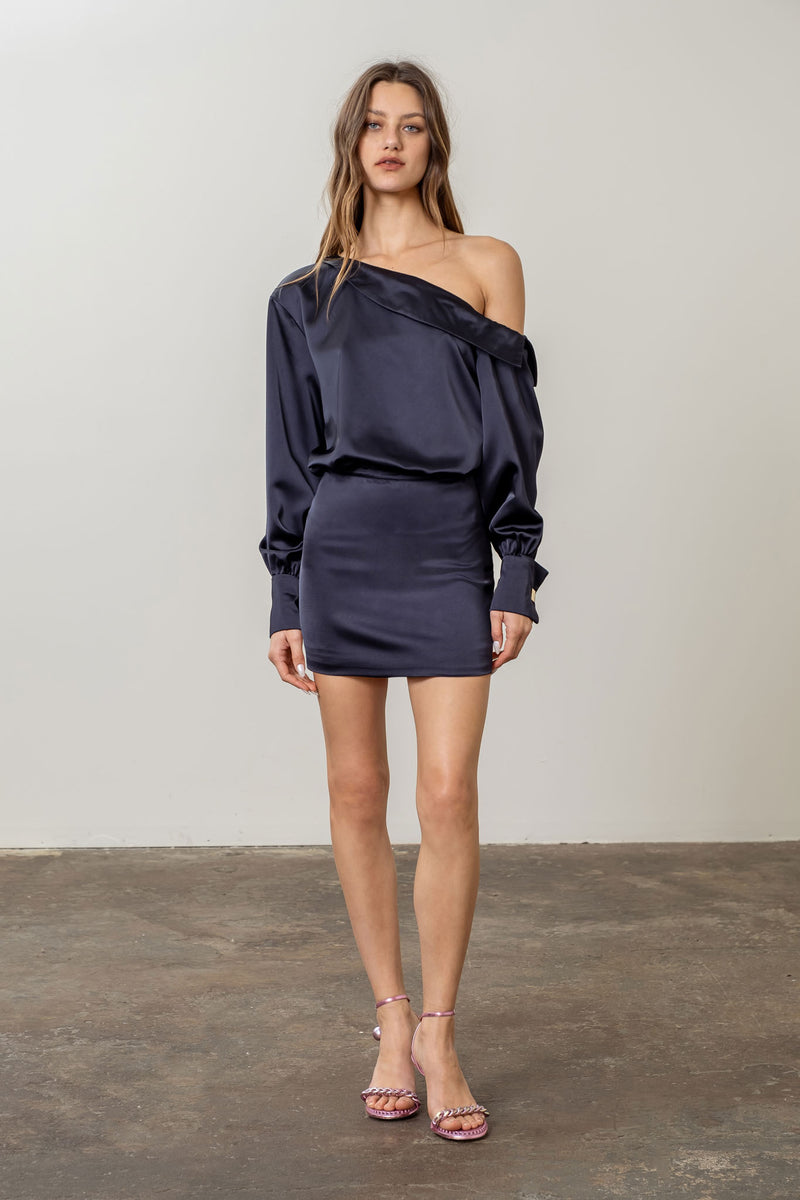 Hannah Satin Off the Shoulder Mini Dress | Navy