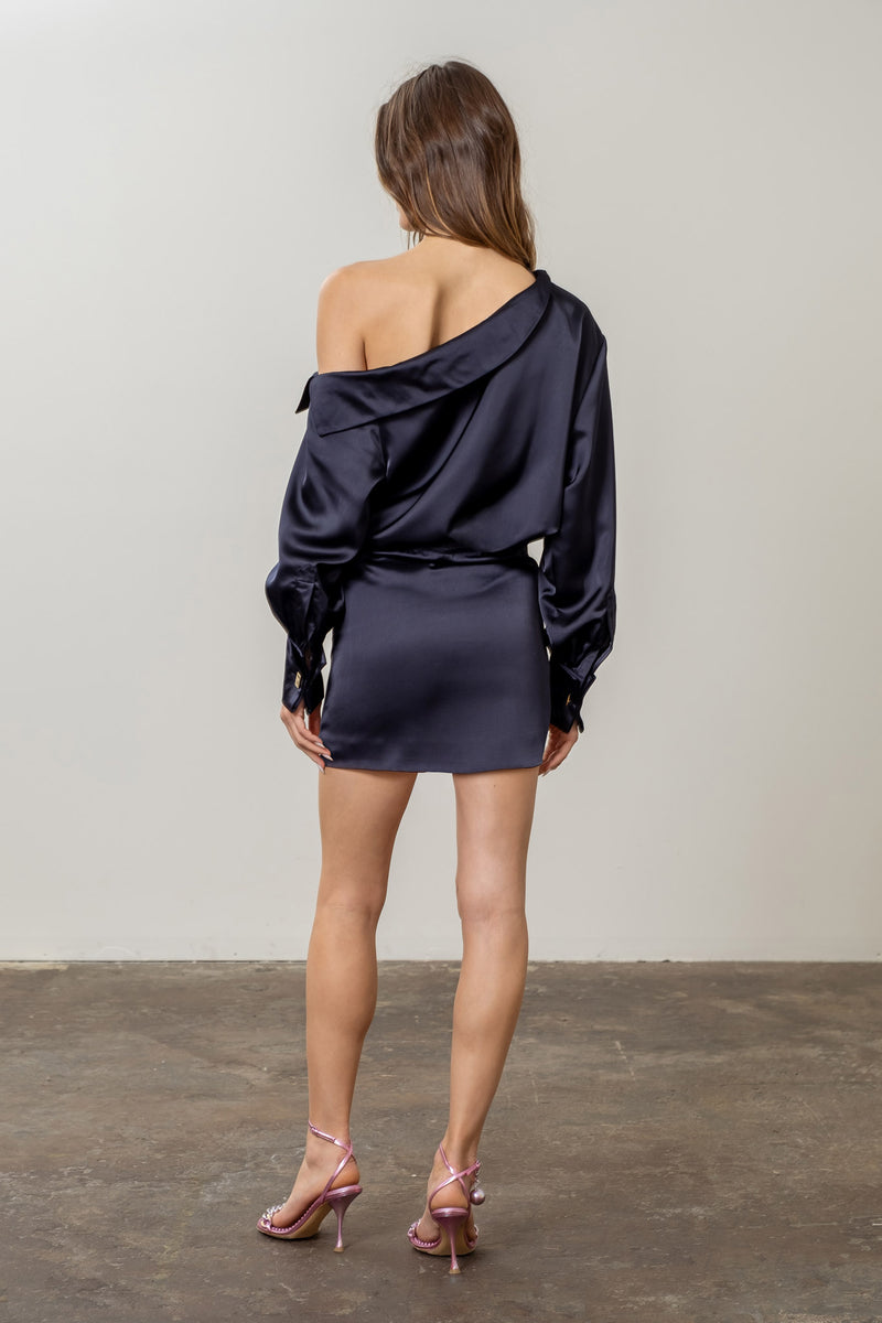 Hannah Satin Off the Shoulder Mini Dress | Navy