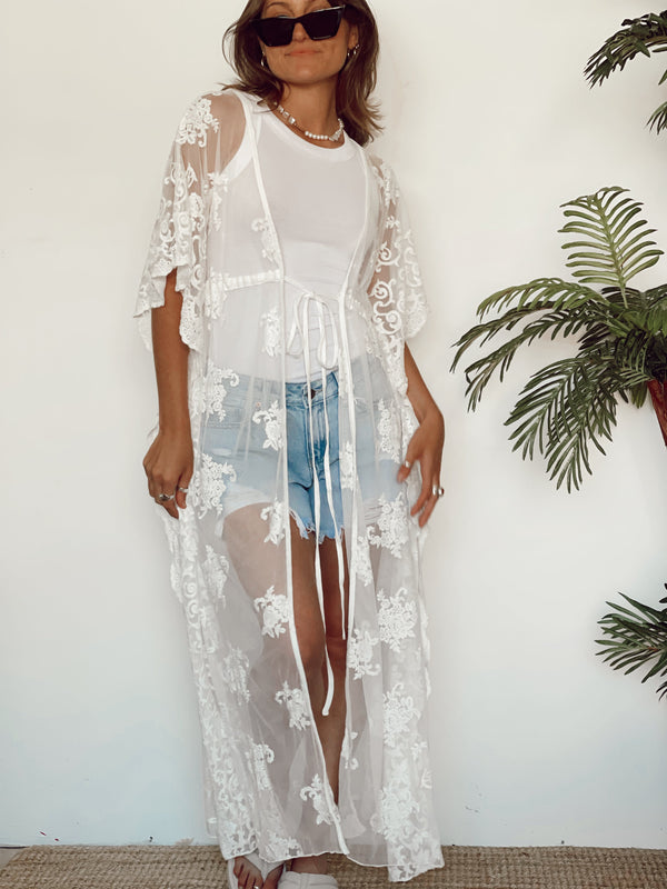 Ilona Lace Cover Up Kimono | White