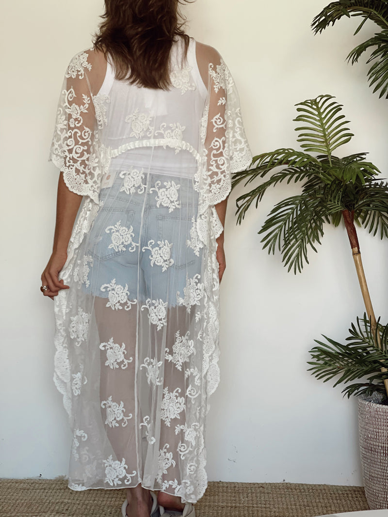 Ilona Lace Cover Up Kimono | White