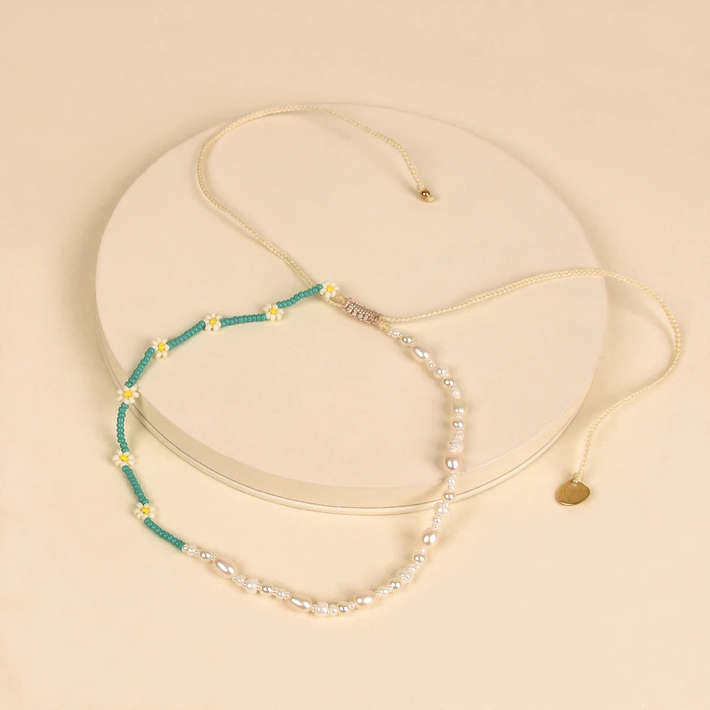Pearly Flower Beaded Necklace Turquoise | Mishky