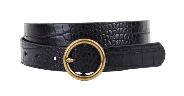 Daniela Round Buckle Leather Croc Belt